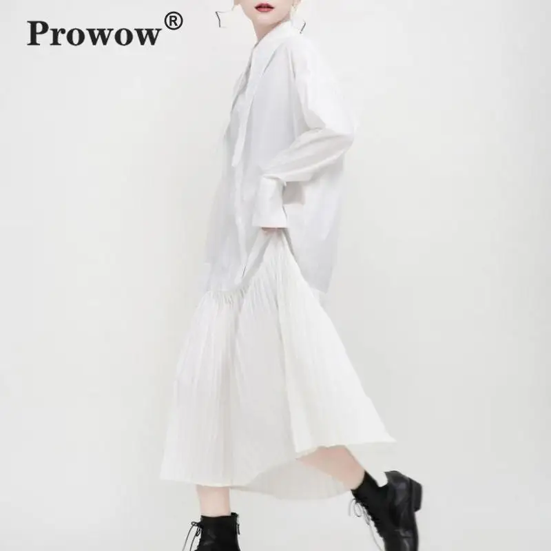 Prowow корейское платье-рубашка женское с длинным рукавом лоскутное плиссированное платье миди дамское весеннее однотонное уличное свободное платье