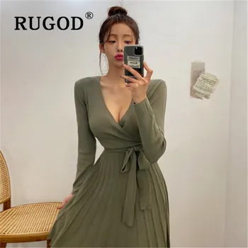 

RUGOD 2020 Spring Retro Korean Pleated Maxi Dress Solid Full Sleeves Top For Women Elegant V-neck Ladies Dresses Collect Waist