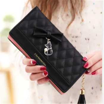 

Women Clutch Wallet Female Purse Money Bag Leather Long Purse Card Holder Coin Phone Wallet Tassel Bow Cat Pendant Zipper Purses