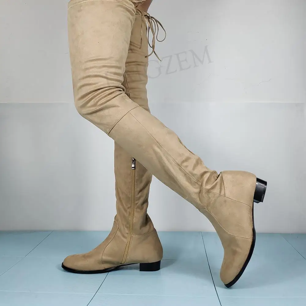 LGZ994 Beige LAIGZEM/Бежевые женские ботфорты из искусственной замши сапоги на низком каблуке с молнией классические сапоги до бедра Botines Botas, размер 47, 50, 51, 52 - Цвет: LGZ994 Beige