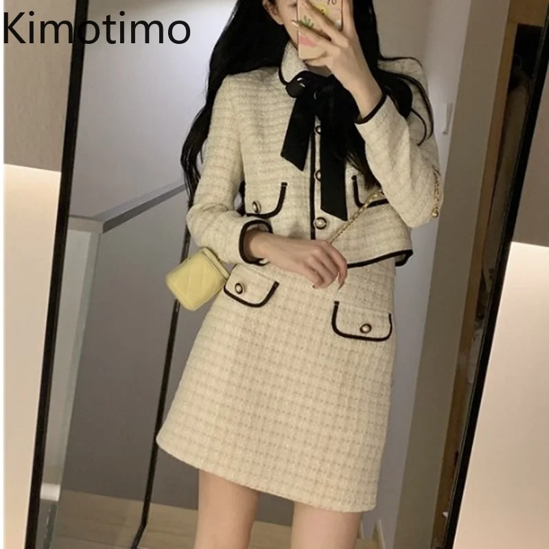 Женский твидовый костюм Kimotimo элегантный укороченный жакет с длинным рукавом и