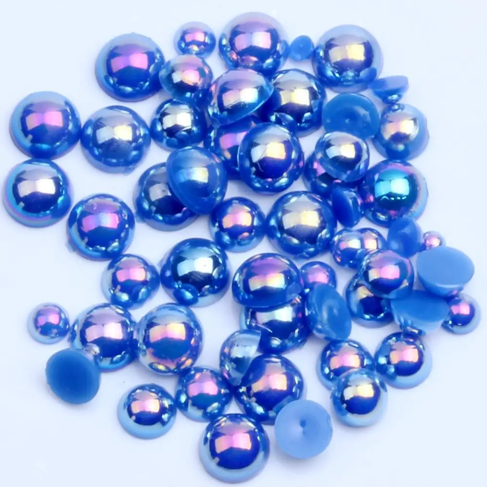 

1000/500pcs 2-5mm and Mixed Size Blue AB Glue on ABS Imitation Half Round Pearls Resin Flatback Beads For Craft Jewelry Making