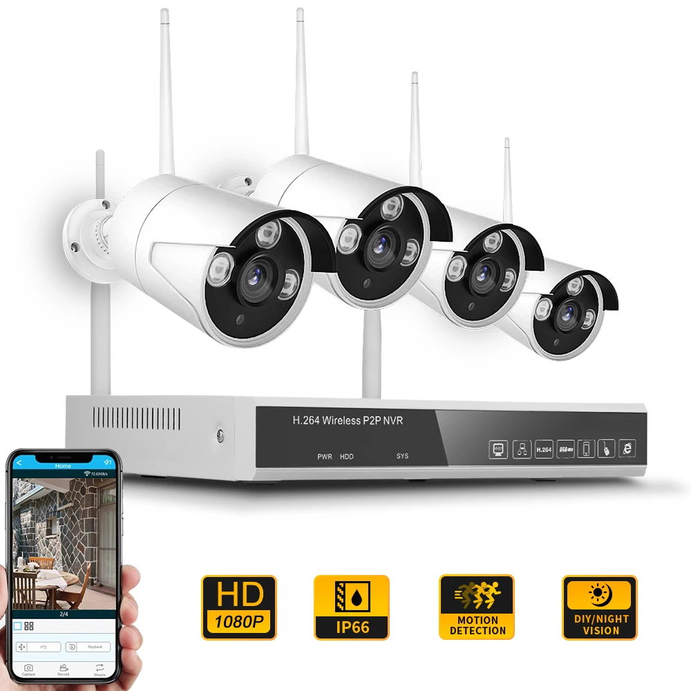 4CH NVR+ 4 камеры s Беспроводной NVR комплект системы видеонаблюдения 2MP 1080P wifi CCTV для камеры наблюдения монитор видеонаблюдения