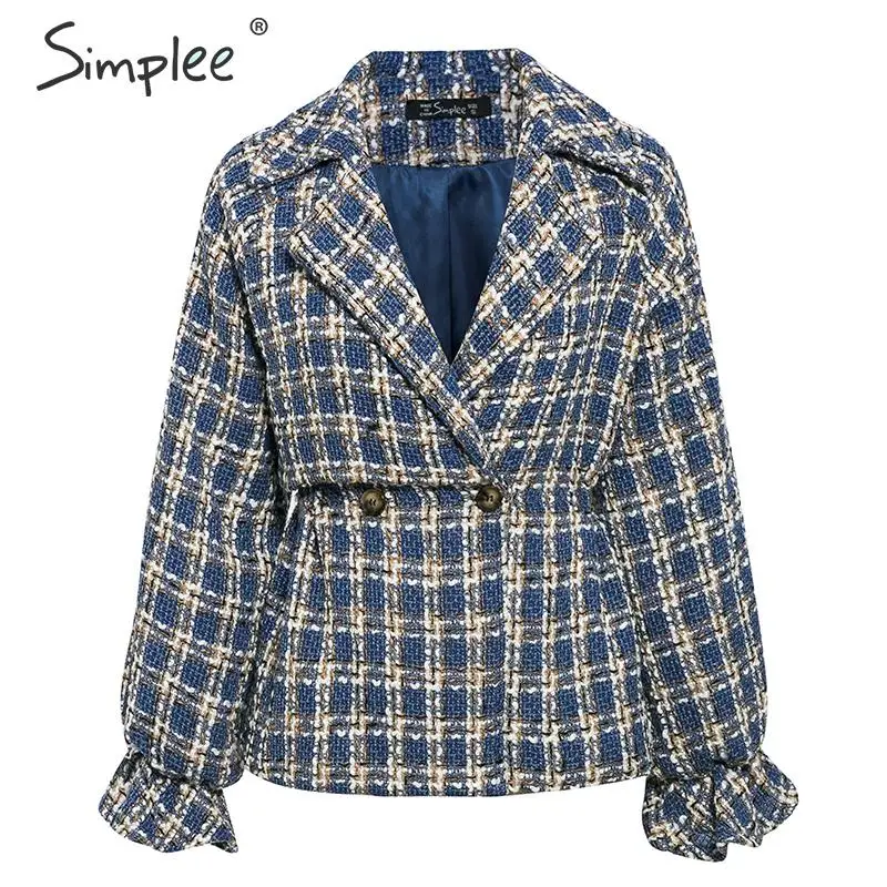 low cost  Simplee Elegant women plaid tweed jacket coat Lantern sleeve streetwear female outwear coat Elastic
