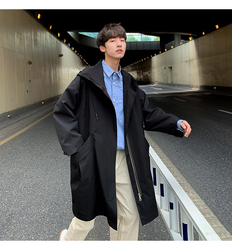 Осенняя НОВАЯ тонкая ветровка мужская модная однотонная Повседневная Длинная Куртка с капюшоном Мужская Уличная Свободная куртка мужская одежда M-2XL