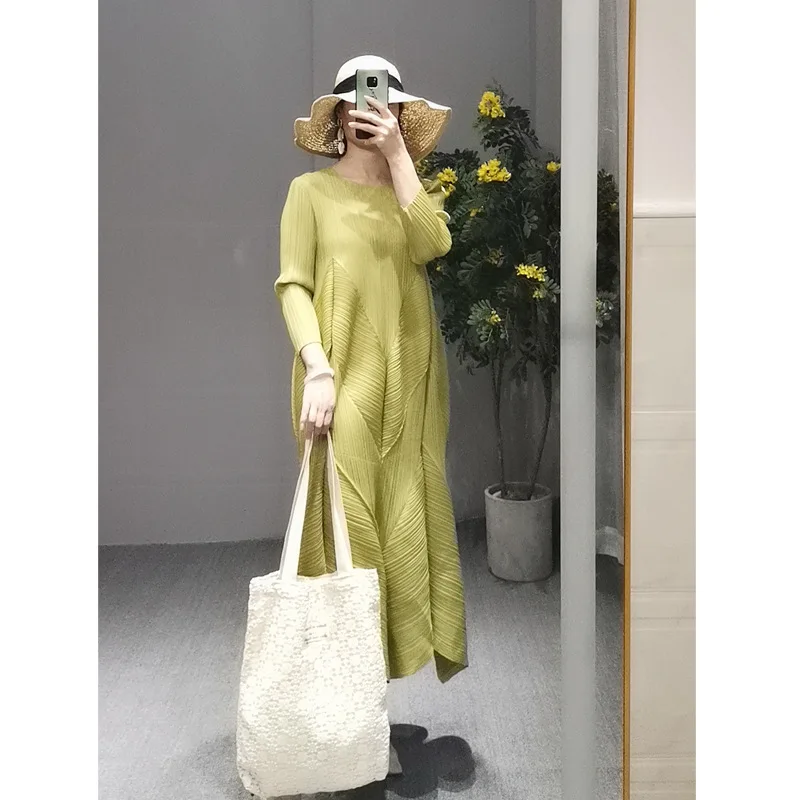 

Women Bud Dresses Maxi Dress Miyake Pleats Please Vintage Solid Long Sleeves O-Neck Autumn Ankle-Length Dress Female New Fashion