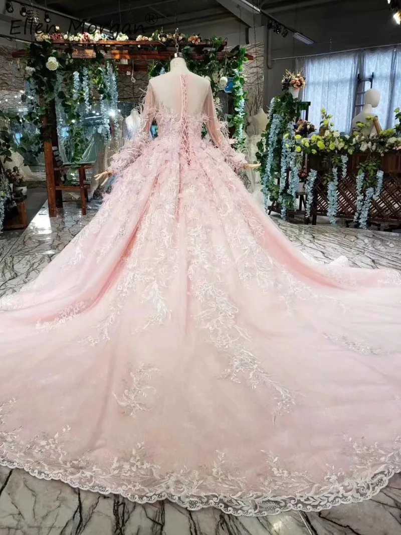 Vestidos De Novia, розовые Бальные платья с длинными рукавами для невесты, роскошные кружевные свадебные платья с перьями, украшенные бисером и круглым вырезом