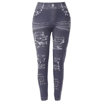

Women Leggings Faux Denim Jeans Ripped Printing Seamless Slim Pencil Pants S-3XL