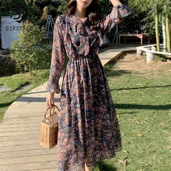 

2020 Spring New Women's Office Lady Flare Sleeve Chiffon Floral Ruffles Dresses Fashion Bow Collar A-line Midi Dress D01328O