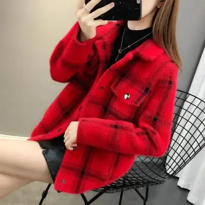 red Женское короткое пальто из имитации норки, весна-осень, корейский Свободный клетчатый свитер, кардиган, Женский Повседневный однобортный Топ f2694 - Цвет: red