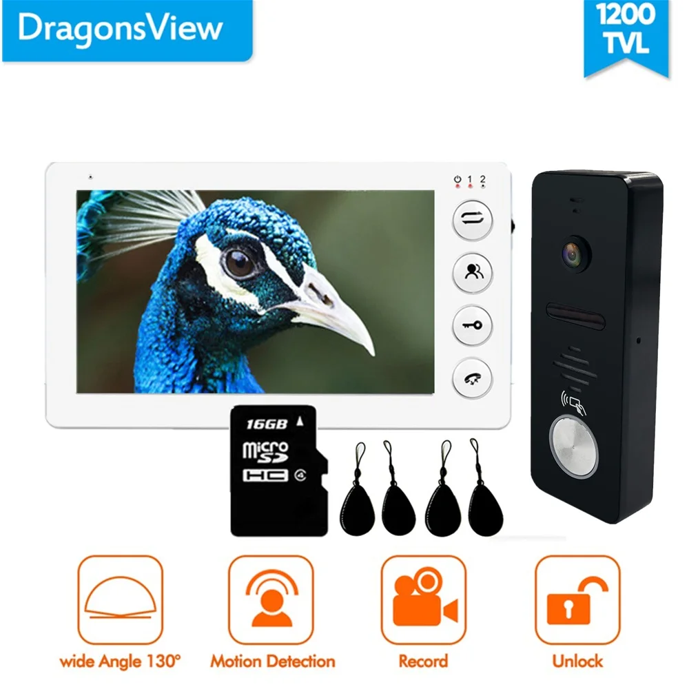 Dragonsview 7 дюймов видео-телефон двери дверной звонок камера система видео RFID система контроля допуска к двери разблокировка запись Широкий угол 130 - Цвет: with 16GB sd card