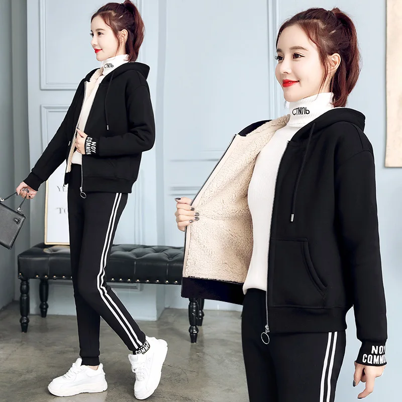 Women Sportswear Tracksuit Winter Thick Fleece warm Hoodie Jacket+pant Running Jogging Fitness Casual Workout Set Sport Suit