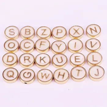 

14mm Gold Filled Nature White Shell with 26 Intitial Letter Spacer Beads, Coin Round Letter Shell Beads Findings 10PCS