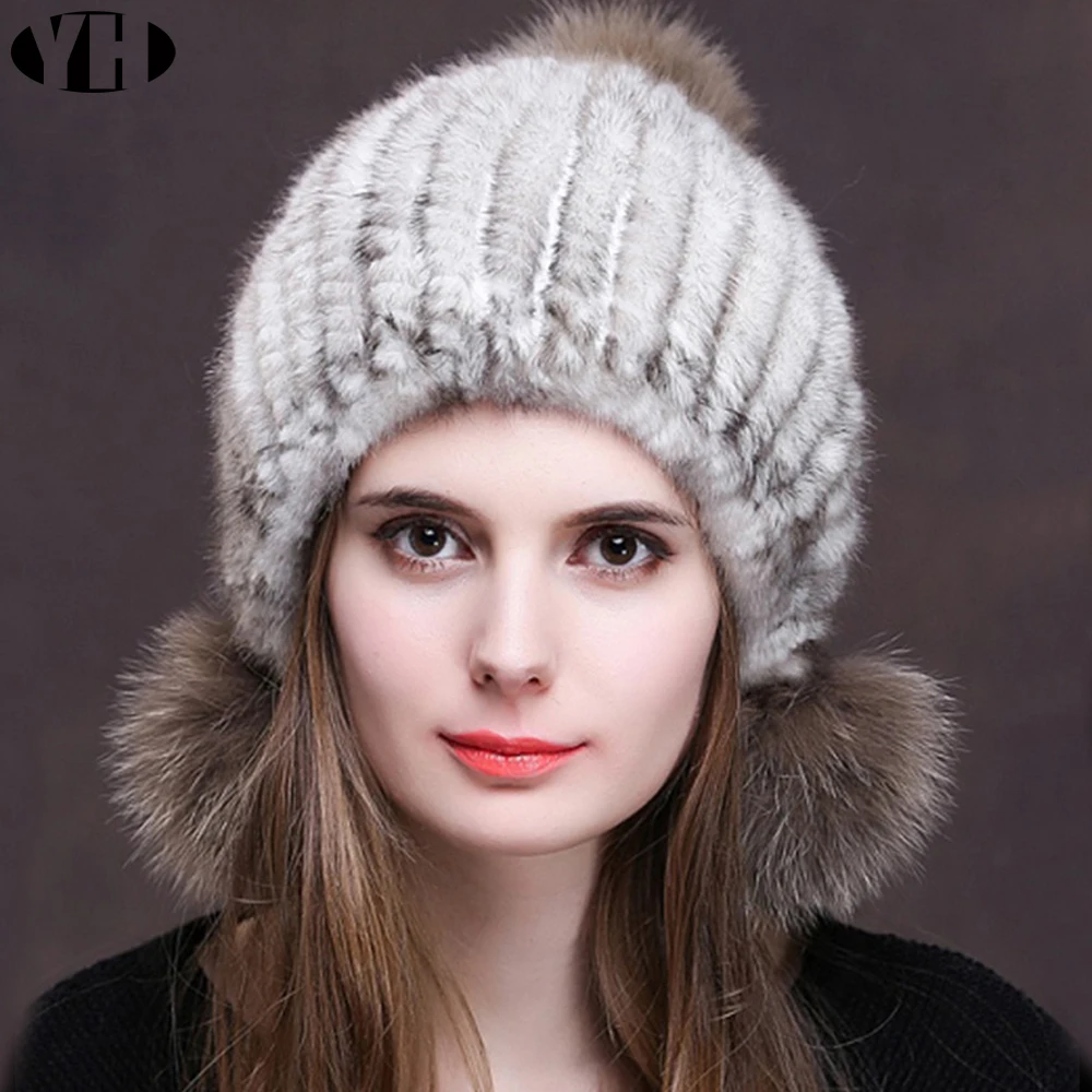 Women Real mink Fur Hat Natural mink fur Beanies Fur Caps Fashion lady Elastic Hat Winter Skullies fox fur pom poms