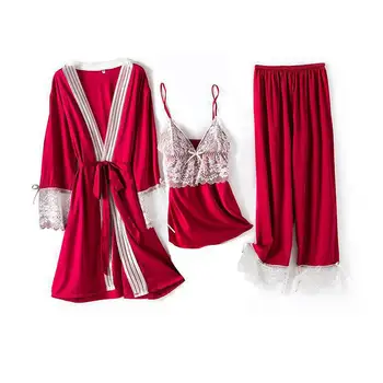 

Satin Women Pajamas SET 3PCS Shirt&pant Solid Burgundy Bride Bridesmaid Wedding Robe Casual Soft Sleepwear Intimate Lingerie