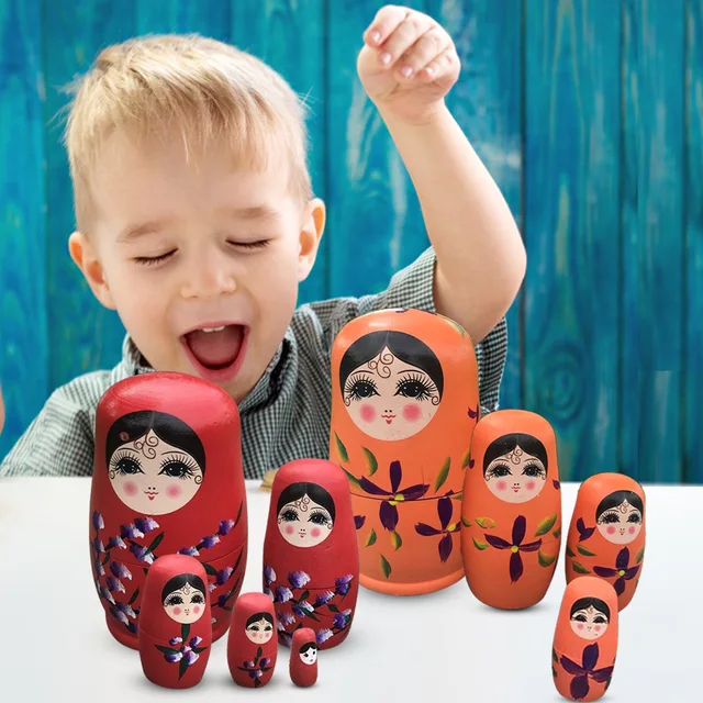 5-Layer Paint Color Matryoshka Russian Wooden Nesting Doll Craft Handmade Painted Children's Wooden Toys Decoration Doll Red 2