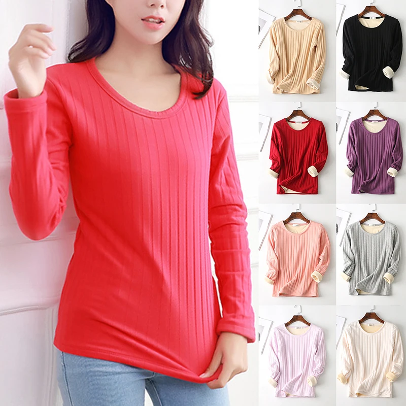 

New Thermal Underwear Women Velvet Long Sleeve Elegant O-Neck Warm Thick Compression Feece Sweat Basic Thermos Tops Female