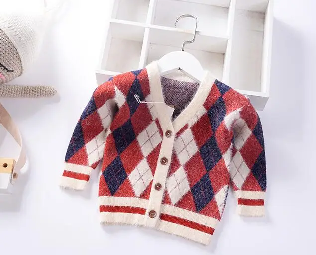 Опрятный стиль осень-зима для мальчиков свитер для мальчиков; одежда для маленьких мальчиков плед, кардиган норковая бархатная трикотажная детская одежда теплое пальто для детей, теплое пальто - Цвет: Красный