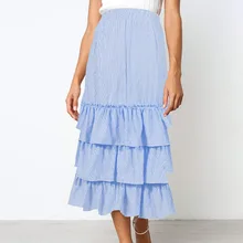 Горячая Для женщин Ярусное платье миди юбки из дышащего материала с высокой талией, в полоску с многослойными оборками юбка А-образного силуэта K2