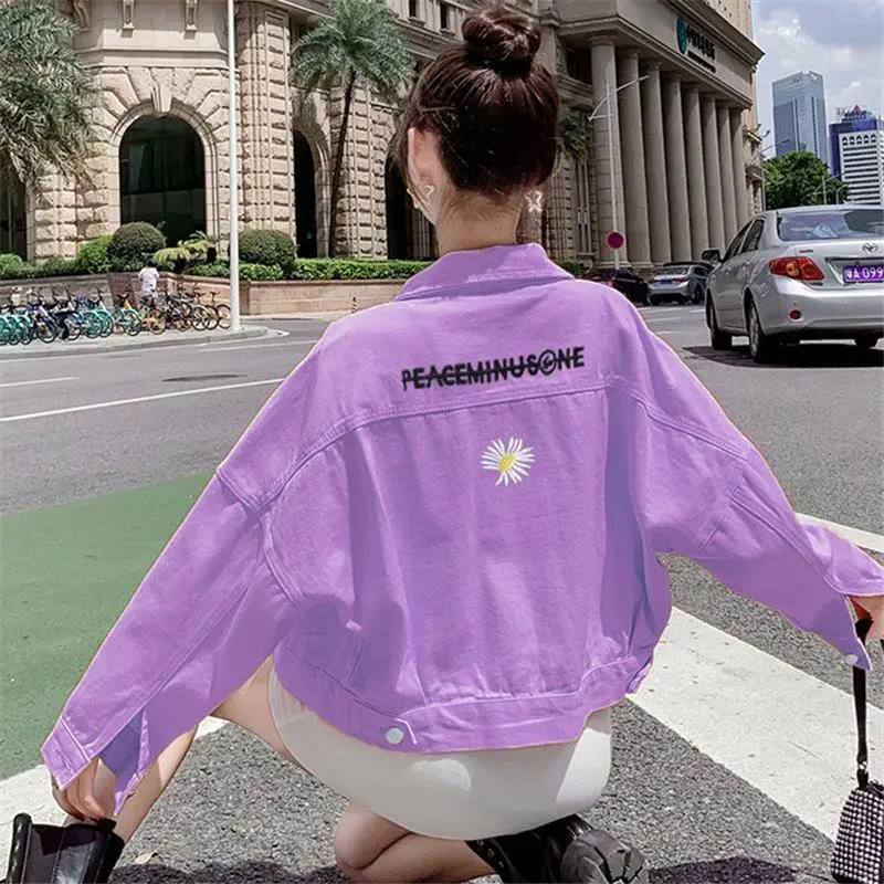 

Plus Size Demin Coat Colorful Daisy Flower Jackets Women Long Sleeve Casual Short Jacket Outerwear Winter Coat