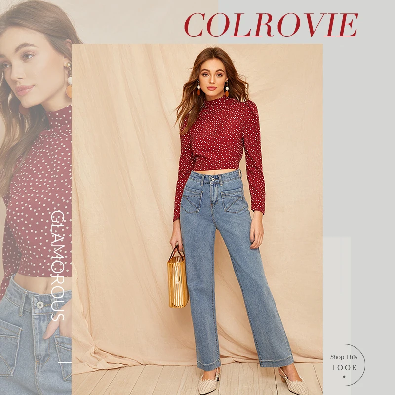COLROVIE/укороченный топ в горошек с открытой спиной и узлом, Женский Галстук, блузка с пышными рукавами на спине, летняя повседневная сексуальная блузка стоячий воротник