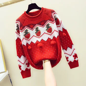 

2019 Autumn Winter Pullover Top Womans Embroidered Strawberry Tassel Loose Sweater Womens Lazy Wind Knit Sweater Female Sweaters