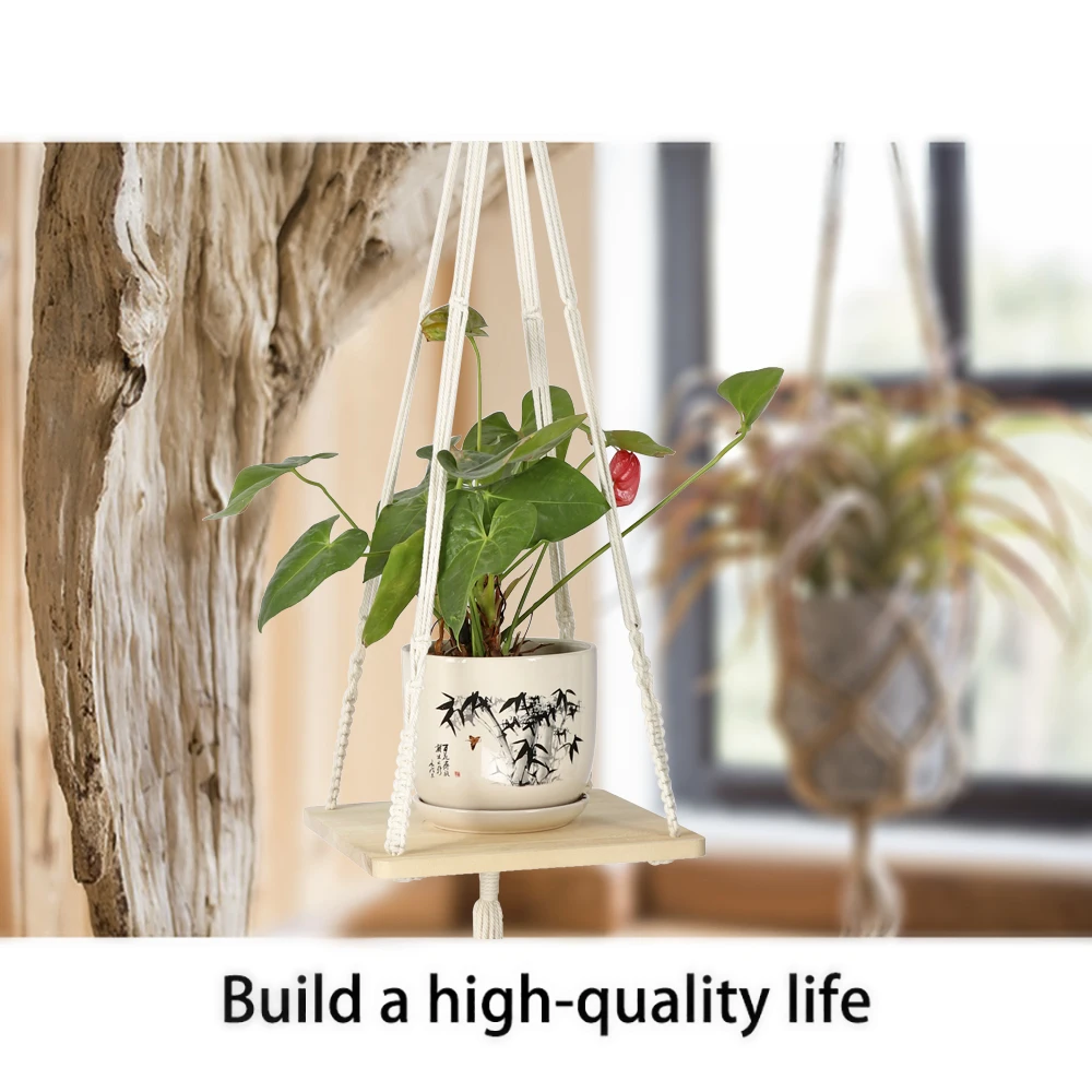 Macrame Shelf Planter Hanger for Indoor Plants with Wooden Shelf Bohemian Hanging Plant Stand for Modern Homes Decor Home Goods