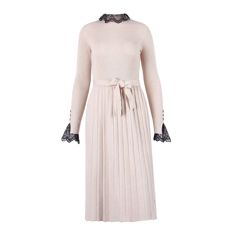 

Sweater Dress Women Solid Knitted Slim Lace Pullover Sweater Dresses Office Ladies Black Bow Neck Casual Belt Vestidos New 2019