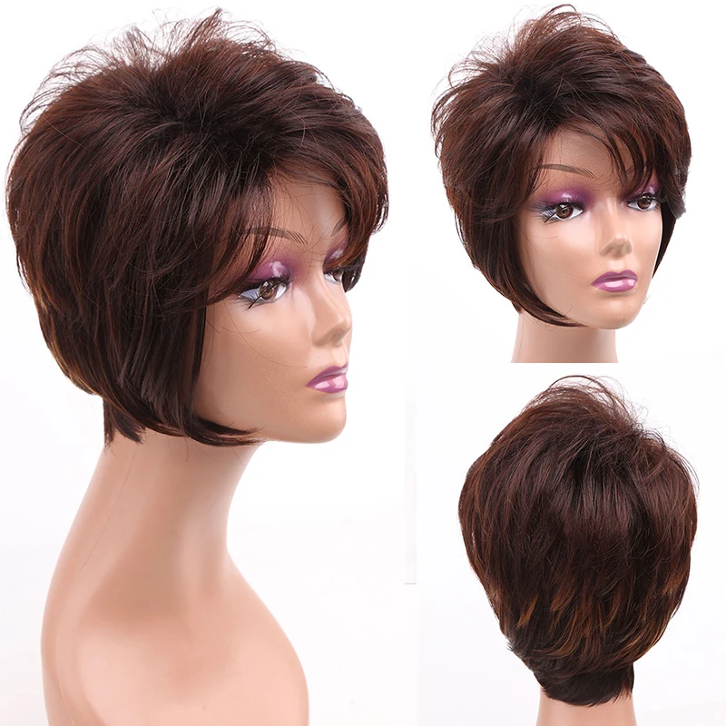 Amir Synthetic Afro Wig Short Pixie Cut Staight Wigs for Black Women Mixed Brown Red Hair with Bangs Full Machine Made Wig synthetic topper with bangs s curly 3d french banks women s hairpiece clip in extension for hair volume non remy machine