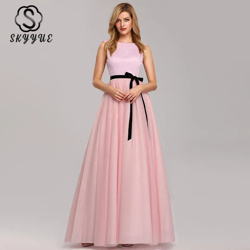 

Skyyue Backless Floor Length Evening Dress Women Party Dresses 2019 Plus Size O-neck Robe De Soiree Formal Evening Gowns C554