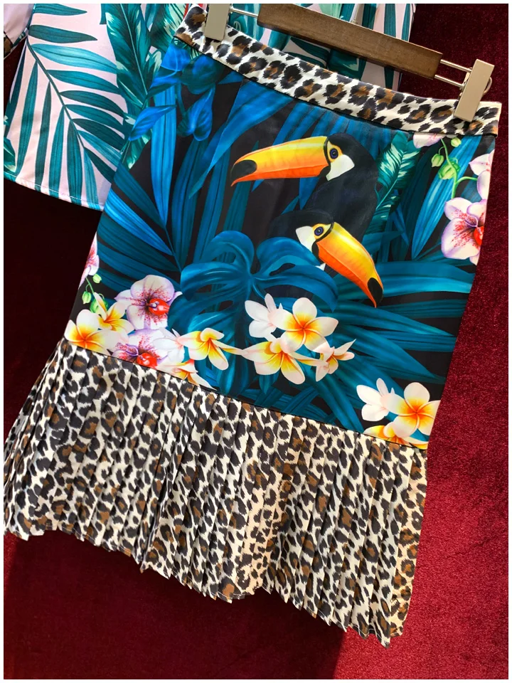 Svoryxiu Подиум Весна Лето Юбка русалки костюм женский длинный рукав банановый лист печати Блузка+ леопардовая юбка комплект из двух предметов