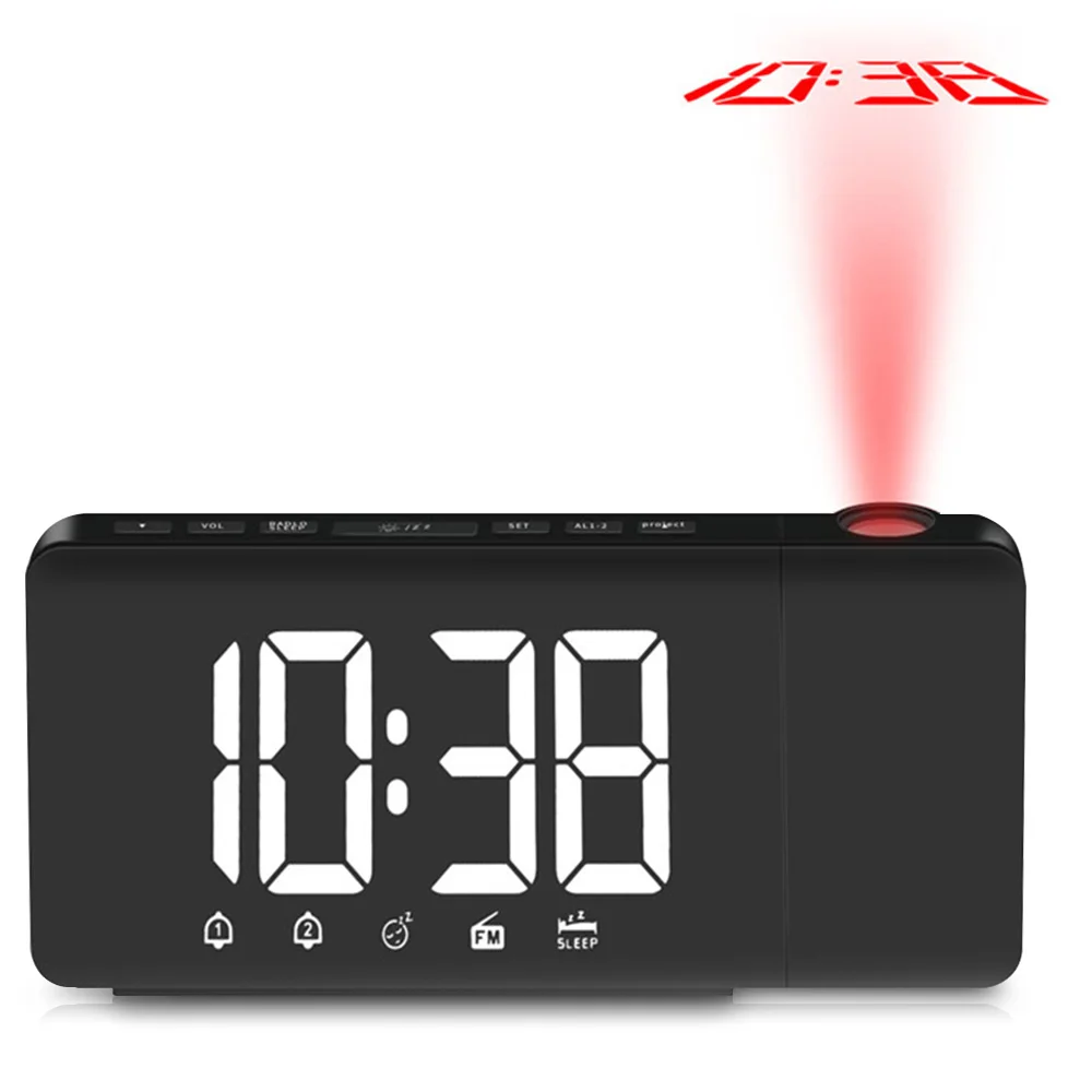 

Digital LED Radio Alarm Clock Multi Function Time Projection Desktop Clock Gift Home Decor Brightness Adjustment Modern Design