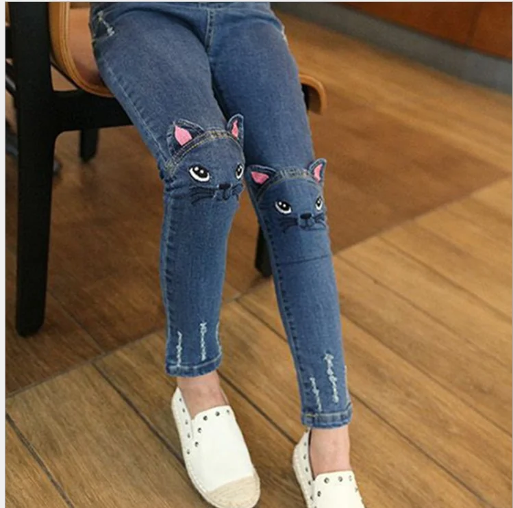 Детские джинсы для маленьких девочек с объемным рисунком кота; милые детские повседневные уличные узкие брюки для девочек; детская джинсовая одежда; брюки - Цвет: Синий