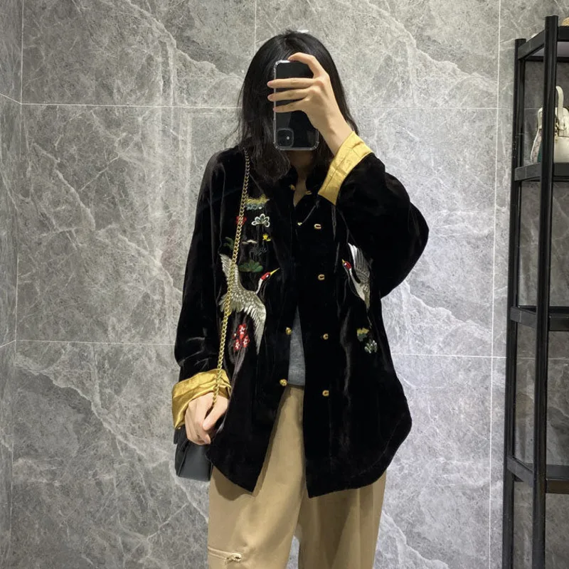 Chinese Style Fashion Embroidery Black Coat Women Autumn Winter Loose Casual Jackets Tops Ethnic Harajuku Vintage Clothes Female | Женская