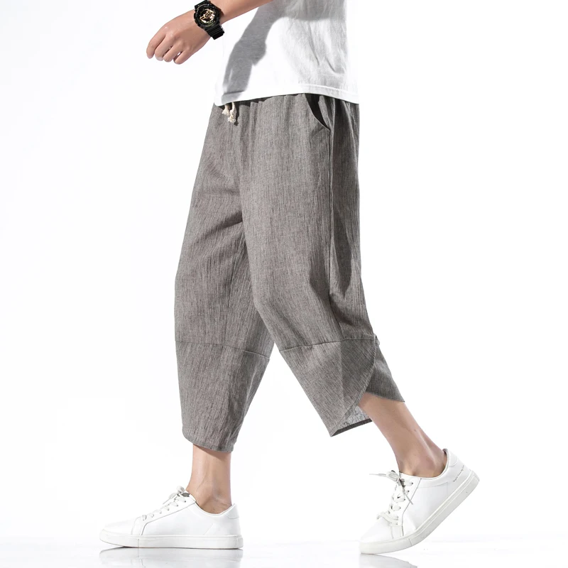 

2024 Summer Harajuku Calf Length Casual Men Pants Wide Leg Cotton Linen Harem Baggy Pants Fashion Male Chinese Style Harem Pants