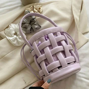 

Cutout Waffle Small Leather Crossbody Bags for Women Hollow Out Female Shoulder Handbags Solid Color Ladies' Travel Bucket Bags