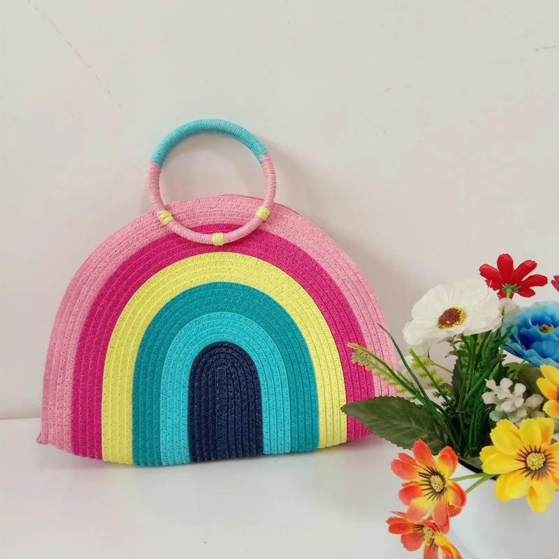 

Factory direct sales Handheld straw bag women 2020 new fashion colorful rainbow hand-woven bag fashion beach bag