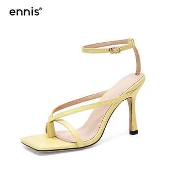 

ENNIS Summer Sandals Heels Flip Flop Shoes Women Genuine Leather Sandlas Sexy Stiletto High Heels Yellow Sandals Shoes NEW S0051