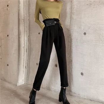 

Women Clothes Autumn And Winter Casual Pants 2019 Korea Female Handsome Pockets Loose Straight Flower Waist Harem Pants