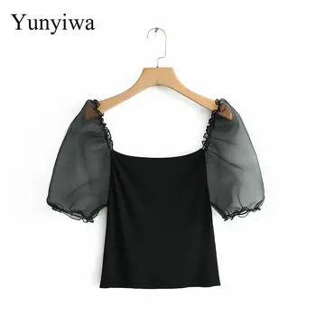 

Women Fashion Puff Sleeve Patchwork Knitted Blouse Shirt Women Streetwear Slimming Blusas Chic Retro Black Tops