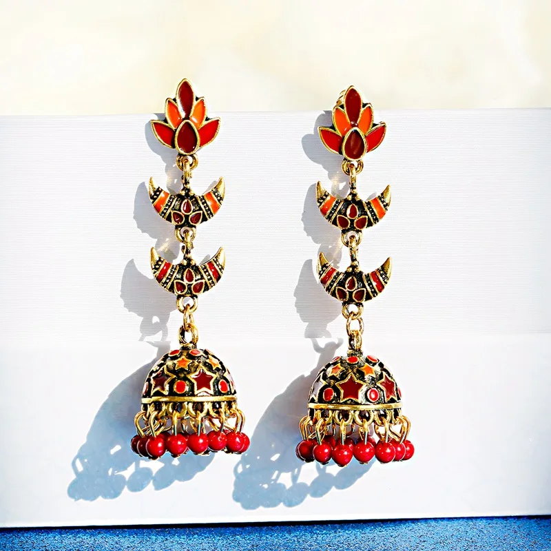 Ретро Лотос Jhumka индийские серьги для женщин Этническая Цыганская золото колокол многоцветный бисер кисточкой серьги ювелирные изделия Bijoux