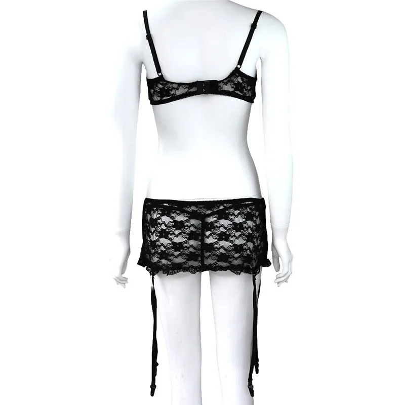 Пикантное женское нижнее белье Babydoll Набор белья кружевной открытый бюстгальтер с мини-юбкой стринги и подвязки наряды Экзотическая одежда для сна Ночное белье