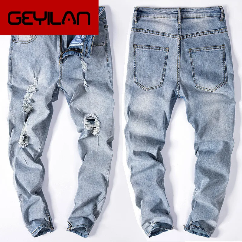 

2019 New Men's Street jeans Men's Knee-neck jeans Zipper Stretch Slim feet pants Ripped jeans for men Size 28-36 38 40