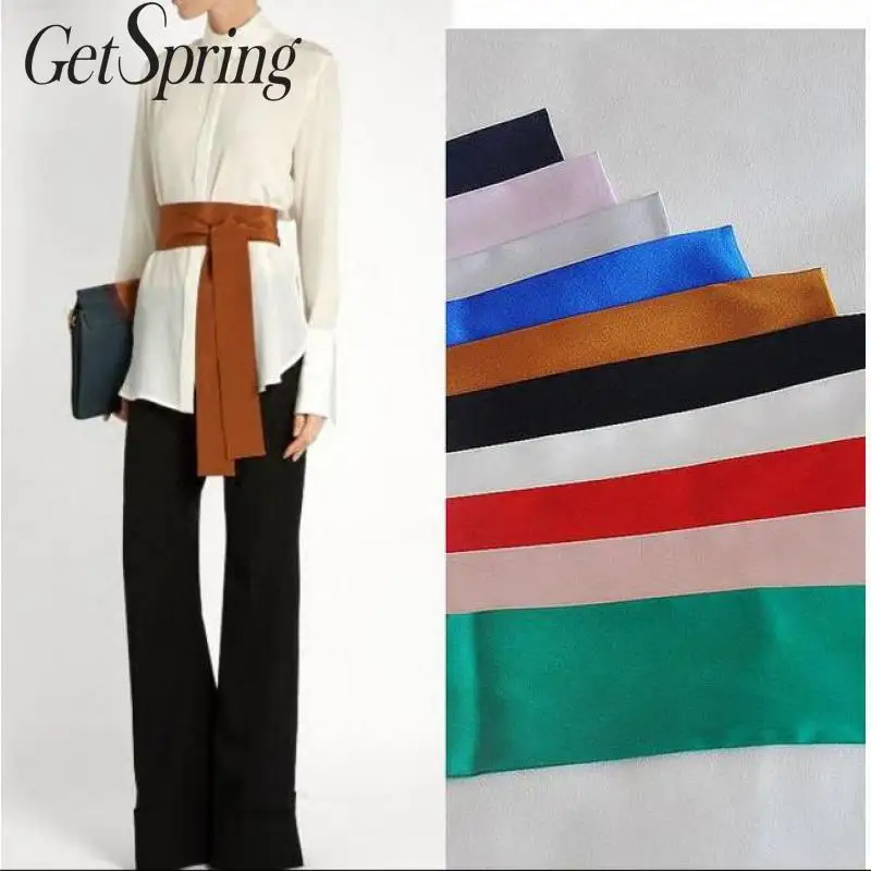 

GetSpring Women Wide Belt Simulation Silk Super Long Waistband Retro Solid Wide Fabric Belt All Match Wide Cummerbunds Pink Blue
