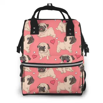 

Fashion Mummy Maternity Nappy Bag Funny Cartoon Pugs Puppies Pink Print Large Capacity Baby Bag Travel Nursing Bag for Baby Care