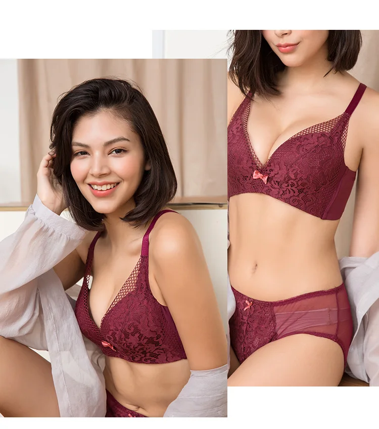 La ropa interior de las mujeres sólido sujetadorDeep V сексуальный кружевной Женский комплект нижнего белья удобный Собранный бюстгальтер на бюстгальтере