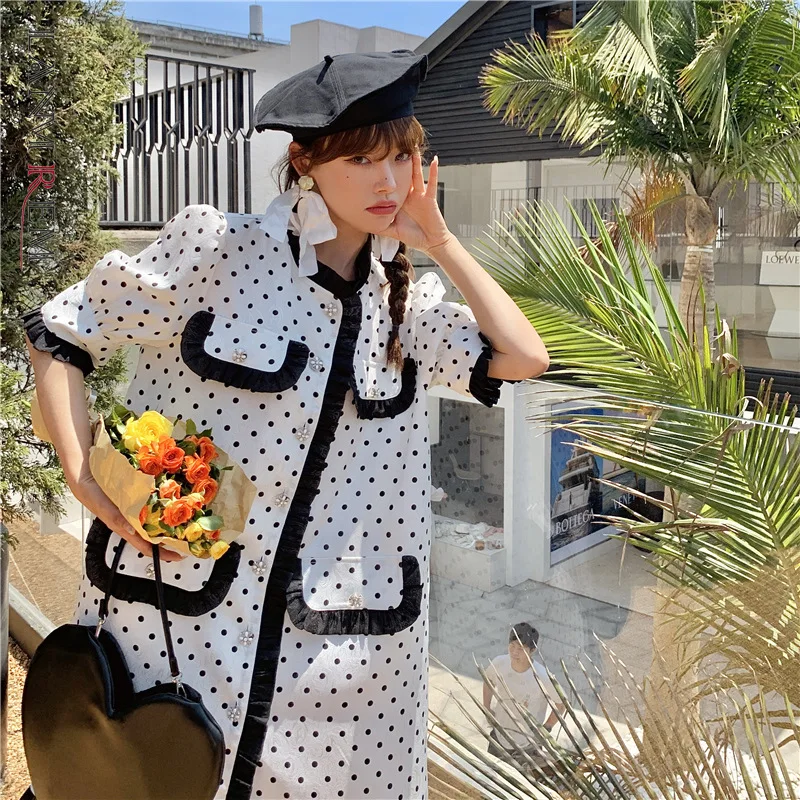 LANMREM женская блузка в горошек средней длины гофрированное с пуговицами