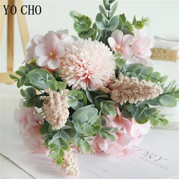 

Faux Crab-apple Pompon Silk Bouquet Artificial Flower Lucky Ball Green Leaves Wedding Home Desk Vase DIY Decor Fake Flore Bundle