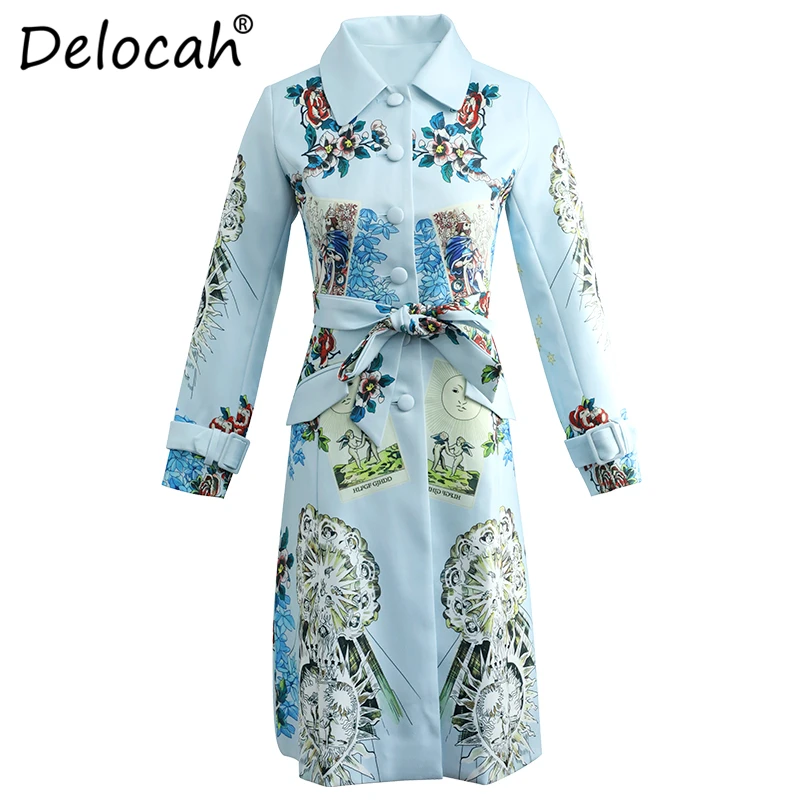 Delocah, осенне-зимний Женский Тренч, подиум, модный дизайн, длинный рукав, простой пояс, цветочный принт, Повседневная Женская ветровка