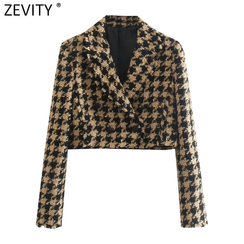 Zevity Women Vintage Houndstooth Tassel Design Short Tweed Blazer Office Lady Retro Outwear Suits Chic Business Coat Tops CT810